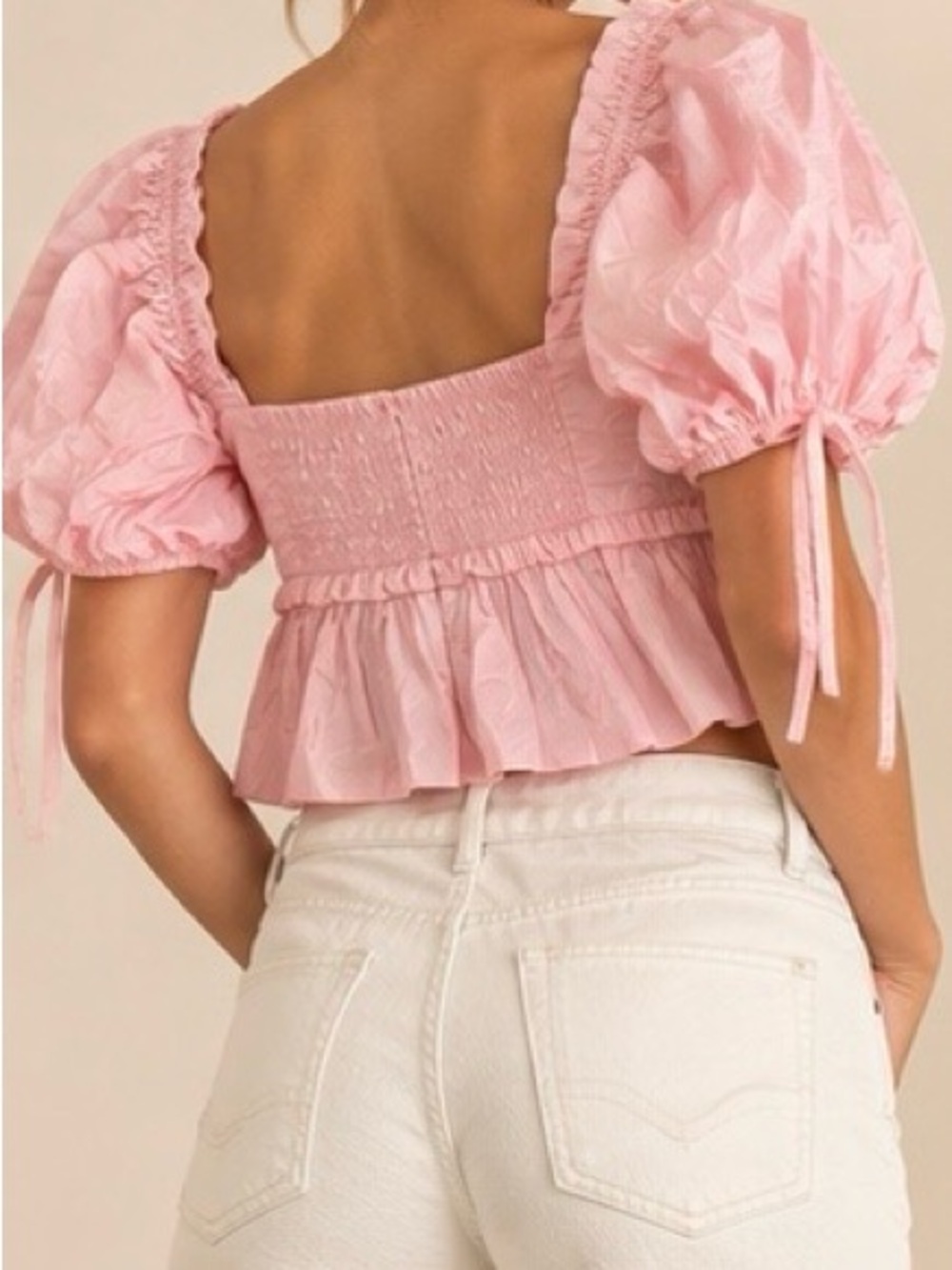 NWT Endless Rose Pink Puff Sleeve Peplum Top Smocked Back Size L